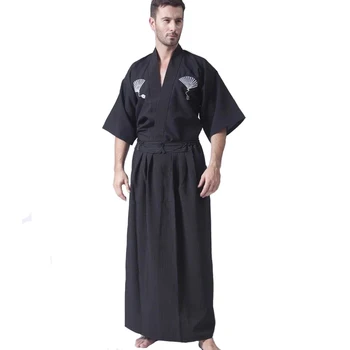 Черная Классическая японская одежда самурая, мужское Кимоно Воина с Оби, традиционный костюм Юката Хаори на Хэллоуин, один размер B-067