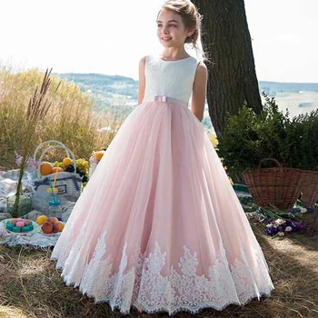 Элегантное бело-розовое платье в цветочек для девочек, Кружевной тюль без рукавов для свадебных платьев, Длинные вечерние платья принцессы