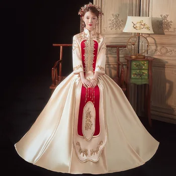 Элегантный Брак в китайском стиле Qipao Свадебное платье Невесты Изысканное Шампанское Блестки Вышивка Бисером Cheongsam