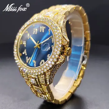 ساعات يد مقاومة للماء золото мужские часы синий циферблат с бриллиантами роскошные большие наручные кварцевые часы браслет багет выглядеть дорого